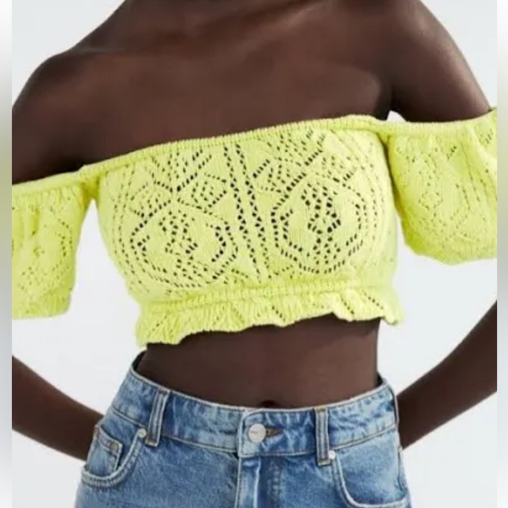 Zara pointelle lime green Off-Shoulder Crochet Top s